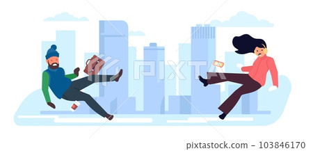 Slippery road in winter. Man and woman slip and fall on ice. Young people careless walking down street. Pedestrians glide on frozen road. City buildings and pathway. Vector concept 103846170