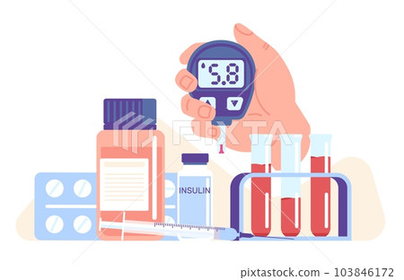 Right diabetes equipment. Glucometer device. Insulin injection. Glucose meter. Health care. Hyperglycemia illness. Pills blister and bottle. Test tube. Medical treatment. Vector concept Right diabetes equipment. Glucometer device. Insulin injection. Glucose meter. Health care. Hyperglycemia illness. Pills blister and bottle. Test tube. Medical treatment. Vector concept 103846172