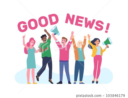 People of different nationalities rejoice in good news. Positive announce. Men and women group with megaphones. Multiethnic persons. Event celebration. Lettering phrase. Vector concept 103846179
