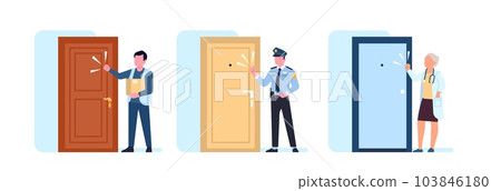 People knocking on door. Policeman and doctor standing in front of house entrance. Courier delivering order. Guests rings doorbell. Police officer and physician visit. Vector visitors set 103846180