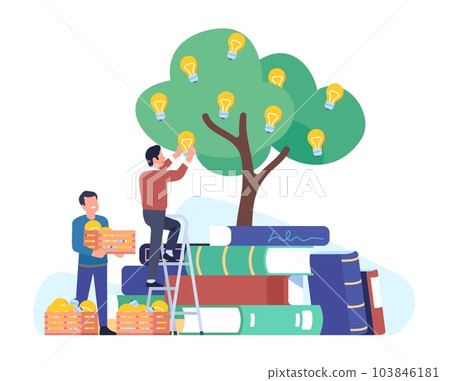 People getting ideas from books. Knowledge as source of invention. Men growing tree with inspiration lamps. Education literature. Lightbulbs boxes. Creative brainstorm. Vector concept 103846181
