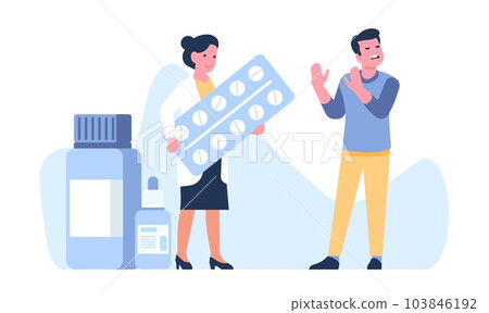 Man refuses to continue pharmaceutical treatment and take pills from doctor. Medication rejection. Medical blister or bottles. Physician and patient misunderstanding. Vector concept Man refuses to continue pharmaceutical treatment and take pills from doctor. Medication rejection. Medical blister or bottles. Physician and patient misunderstanding. Vector concept 103846192