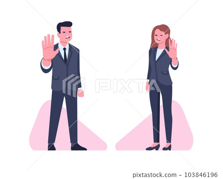 Man and woman disagreement gesture. Businessmen put their hand forward expressing rejection. Refuse and denial signal. Standing office workers. Nonverbal communication. Vector concept Man and woman disagreement gesture. Businessmen put their hand forward expressing rejection. Refuse and denial signal. Standing office workers. Nonverbal communication. Vector concept 103846196