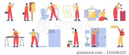 Home renovation people. Professional workers in uniform overalls. House repair process. Conditioner installing and wallpapering. Master lays brick. Vector builders brigade works set 103846205
