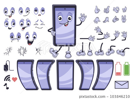Cartoon mobile phone character kit. Funny mascot with different face emotions, legs and hands. Cellphone construction. Smartphone icons. Device screen with fissures. Splendid vector set 103846210