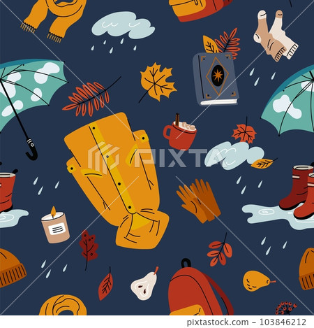 Cartoon autumn elements. Fall season seamless pattern. Cozy clothes. Shoes and warm socks. Seasonal objects. Umbrella for rainy weather. Raincoat and rubber boots. Garish vector background 103846212