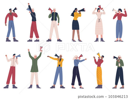 Cartoon agitators. People with megaphones. Men and women broadcast in speakers. Loudly announcing persons. Different poses. Agitation and protest demonstration. Vector activists set Cartoon agitators. People with megaphones. Men and women broadcast in speakers. Loudly announcing persons. Different poses. Agitation and protest demonstration. Vector activists set 103846213