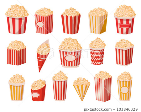 Popcorn paper cups. Cartoon tasty popcorn buckets, salty or sweet flavour tv or movie watching snack flat vector illustration set. Popping corn bucket collection Popcorn paper cups. Cartoon tasty popcorn buckets, salty or sweet flavour tv or movie watching snack flat vector illustration set. Popping corn bucket collection 103846329