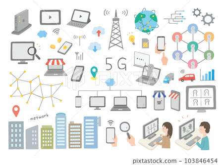 Hand-drawn illustration set related to 5G and net (color / no outline) Hand-drawn illustration set related to 5G and net (color / no outline) 103846454