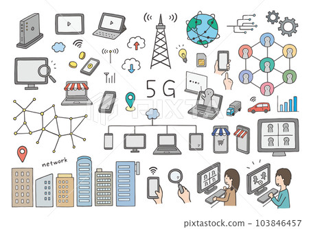 Hand-drawn illustration set related to 5G/net (color) Hand-drawn illustration set related to 5G/net (color) 103846457