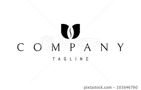 Vector logo on which an abstract image of a cup of coffee made up of two sheets and a silhouette of a coffee bean in the middle. Vector logo on which an abstract image of a cup of coffee made up of two sheets and a silhouette of a coffee bean in the middle. 103846760