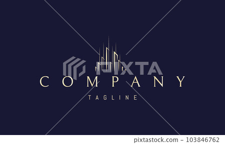 Vector golden logo on which an abstract image of a high-tech city in a linear style. Vector golden logo on which an abstract image of a high-tech city in a linear style. 103846762