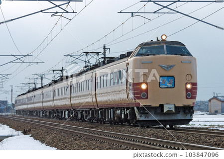 Hokuriku Main Line Mikawa-Kaga Kasama JR West 485 Series A06 formation (Kyoto) Raicho Hokuriku Main Line Mikawa-Kaga Kasama JR West 485 Series A06 formation (Kyoto) Raicho 103847096