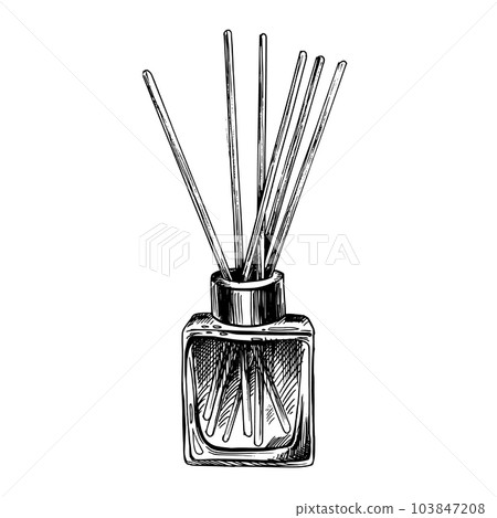 Aroma diffuser in a square glass bottle with sticks. Graphic illustration, hand drawn in black and white. EPS vector. Isolated object on a white background. 103847208