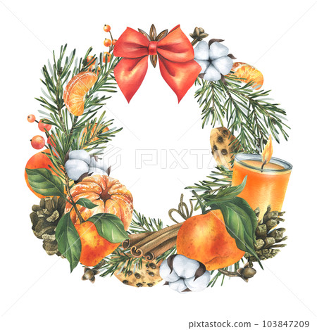 Tangerines with bow, cotton, pine branches and cones, sweets, candle and spices. Watercolor illustration hand drawn for Christmas decor. Round wreath isolated on white background. 103847209