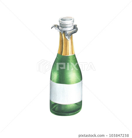 An open green bottle with champagne, a golden wrapper and an empty white label. Watercolor illustration, hand drawn. Isolated object on a white background. 103847238