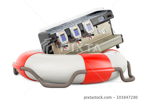 Espresso coffee machine professional inside lifebelt. 3D rendering Espresso coffee machine professional inside lifebelt. 3D rendering 103847280