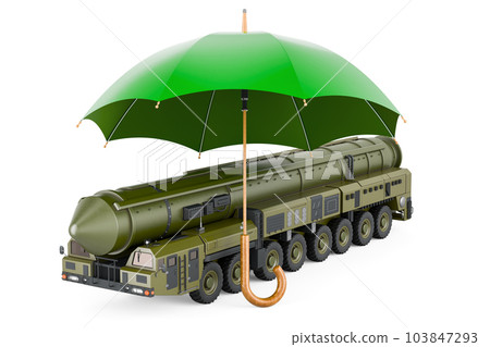 Scud missile, mobile short-range ballistic missile system under umbrella. 3D rendering Scud missile, mobile short-range ballistic missile system under umbrella. 3D rendering 103847293