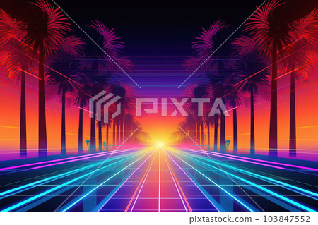 Abstract geometric pool party background center perspective with colorful led neon lines. Summer light music show scene, glowing futuristic shapes on dark background. Generative AI 103847552