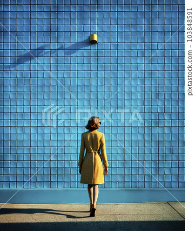 Minimalistic abstract image of the back view of a woman in a yellow coat in front of a blue tiled wall, made with generative ai 103848591