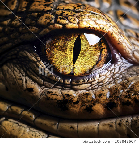 Close up of the yellow eye of a scaly reptile, made with generative ai 103848607