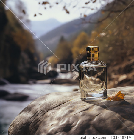Perfume bottle against background of clear mountain river and mountain landscape, for an advertising banner of cosmetics, Perfume bottle against background of clear mountain river and mountain landscape, for an advertising banner of cosmetics, 103848719