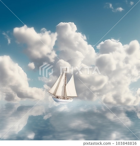 Beautiful sailboat with white sails floats among clouds across sky, beautiful romantic background,  103848816