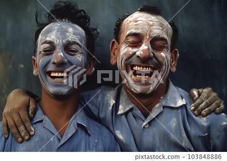 Dad and son with shaving foam on their faces have fun spending time together. Ai Dad and son with shaving foam on their faces have fun spending time together. Ai 103848886