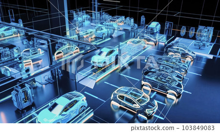 Illustration of the production of electric automobiles in a futuristic production hall with blue lighting, made with generative ai 103849083