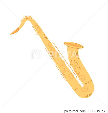 Golden color saxophone isolated on white background. Orchestral wind musical instrument. Vector cartoon illustration. Golden color saxophone isolated on white background. Orchestral wind musical instrument. Vector cartoon illustration. 103849147