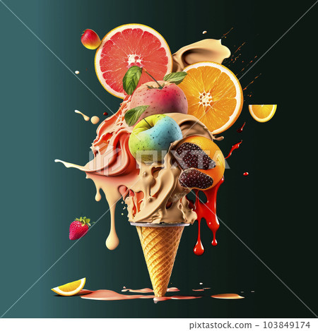 Illustration of an ice cream cone with splashing ice cream and pieces of orange, apple and blackberry, made with generative ai 103849174