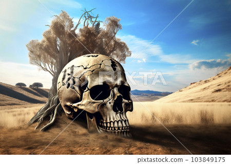 Oversized skull on a dried up tree in a savannah landscape in front of the desert, made with generative ai 103849175