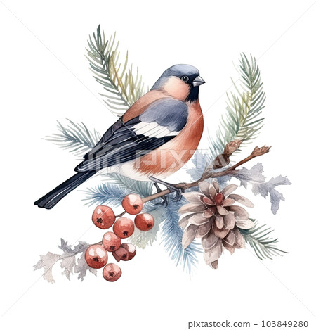 Watercolor Christmas forest branches and bullfinch. Illustration AI Generative Watercolor Christmas forest branches and bullfinch. Illustration AI Generative 103849280