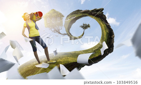 Beautiful young girl with skate board 103849516