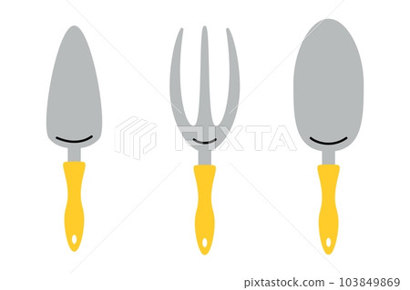 Garden tools. Farming work instruments. Gardening equipment. Small shovel and scoop. Agricultural metal spade and rake. Plants cultivating. Isolated simple pitchfork. farming flat elements set Garden tools. Farming work instruments. Gardening equipment. Small shovel and scoop. Agricultural metal spade and rake. Plants cultivating. Isolated simple pitchfork. farming flat elements set 103849869