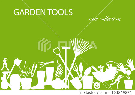 Garden tools. Farming work instruments. Gardening equipment new collection. Silhouette wheelbarrow and bucket. Flower pot. Plants agriculture cultivating. Shovel and pitchfork. green poster Garden tools. Farming work instruments. Gardening equipment new collection. Silhouette wheelbarrow and bucket. Flower pot. Plants agriculture cultivating. Shovel and pitchfork. green poster 103849874