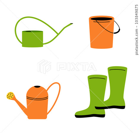 Garden tools. Farming work instruments. Gardening equipment. Watering can. Color rubber boots. Isolated gardeners bucket. Vegetable growing. Plastic water pail. agriculture flat elements set Garden tools. Farming work instruments. Gardening equipment. Watering can. Color rubber boots. Isolated gardeners bucket. Vegetable growing. Plastic water pail. agriculture flat elements set 103849875