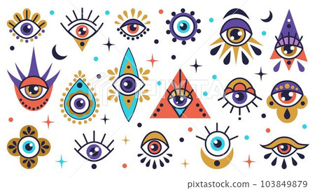Magic eye. Evil symbols. Ra eyeballs. Flat doodle triangle. Ethnic mystical see with eyelashes and tears. Mason or Greek esoteric. Occult icons. Spiritual elements set. Vector tidy abstract design Magic eye. Evil symbols. Ra eyeballs. Flat doodle triangle. Ethnic mystical see with eyelashes and tears. Mason or Greek esoteric. Occult icons. Spiritual elements set. Vector tidy abstract design 103849879