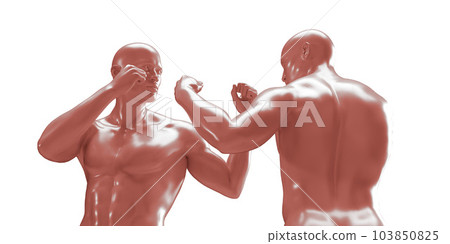 3d render of two boxing shirtless men isolated on white background. Red mannequins. 3d render of two boxing shirtless men isolated on white background. Red mannequins. 103850825