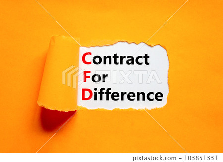 CFD symbol. Concept words CFD contract of difference on beautiful white paper. Beautiful orange table orange background. Business and CFD contract of difference concept. Copy space. CFD symbol. Concept words CFD contract of difference on beautiful white paper. Beautiful orange table orange background. Business and CFD contract of difference concept. Copy space. 103851331
