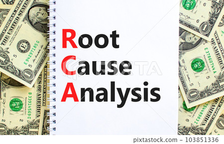 RCA root cause analysis symbol. Concept words RCA root cause analysis on white note. Dollar bills. Beautiful background from dollar bills. Business and RCA root cause analysis concept. Copy space. 103851336
