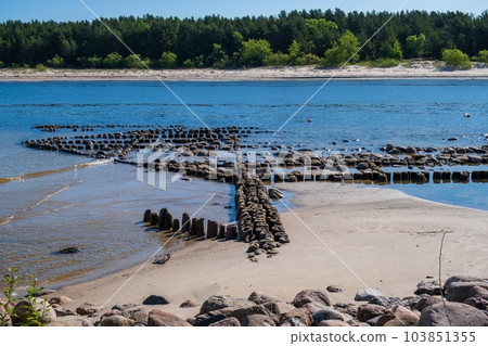 Narva Bay. A wonderful place to relax. One of the most beautiful beaches of the Baltic Sea. The mouth of the Narva river into the sea, old wooden piles 103851355