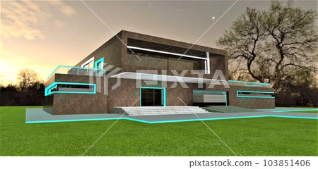 Compact modern cottage in an environmentally friendly area. Night lighting of the brick facade. 3D rendering. Compact modern cottage in an environmentally friendly area. Night lighting of the brick facade. 3D rendering. 103851406