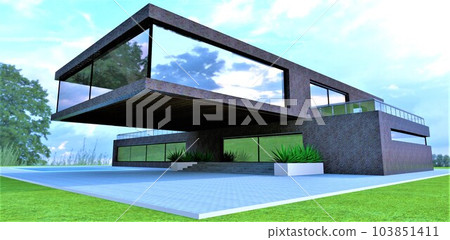 Modern design of a luxury private estate with a cantilevered upper floor structure. Dark brick facade finish. 3D rendering. 103851411