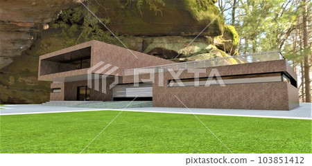 Modern house made of brown brick, built under a rock in an autumn forest. Excellent real estate for exotic lovers. 3D rendering. 103851412