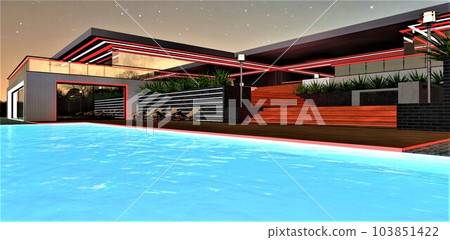 A luminous surface of the pool in front of the wooden terrace of an exclusive hotel, under the night sky filled with stars. 3D rendering. A luminous surface of the pool in front of the wooden terrace of an exclusive hotel, under the night sky filled with stars. 3D rendering. 103851422