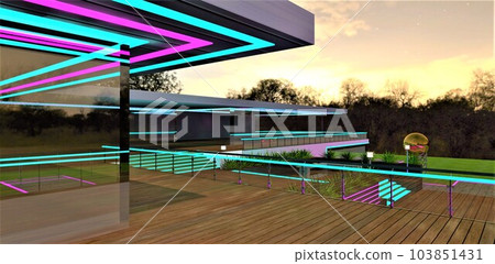 Terrace with a wooden deck covered with glass panels and metal railings. Stunning contemporary house with nighttime illumination. 3D rendering. 103851431