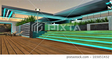 The gentle turquoise light of the nighttime illumination falls on the wooden steps of the exclusive terrace of an elegant country estate. 3D rendering. The gentle turquoise light of the nighttime illumination falls on the wooden steps of the exclusive terrace of an elegant country estate. 3D rendering. 103851432