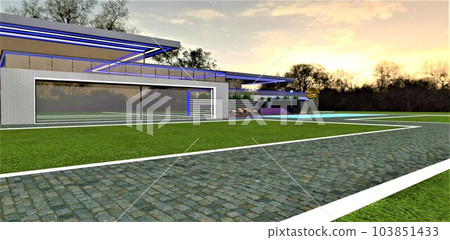 Twilight at the magnificent villa with evening illumination of its contemporary exterior. Granite pathways with white glowing borders on a well-maintained lawn. 3D rendering. 103851433
