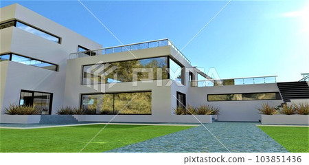 A granite pedestrian path leading to the entrance of an exclusive country cottage with a white facade, illuminated by the bright summer sun. 3D rendering. 103851436